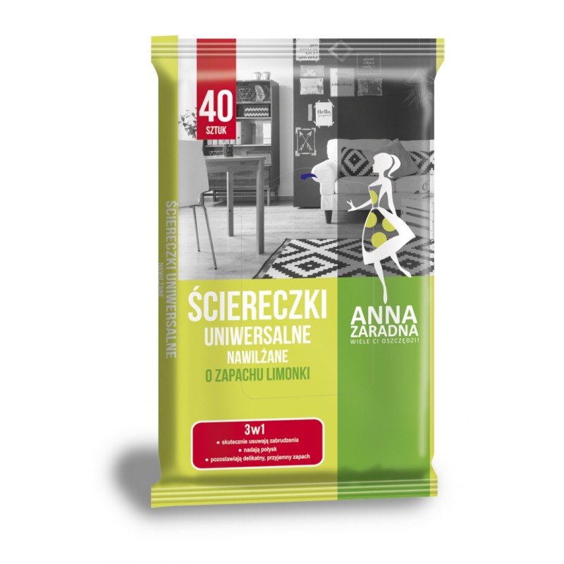 Ściereczki nawilżane ANNA ZARADNA, uniwersalne o zapachu limonki, 40 szt., białe chusteczki