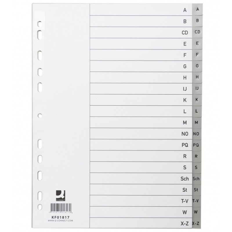 Przekładki Q-CONNECT, PP, A4, 230x297mm, A-Z, 20 kart, szare