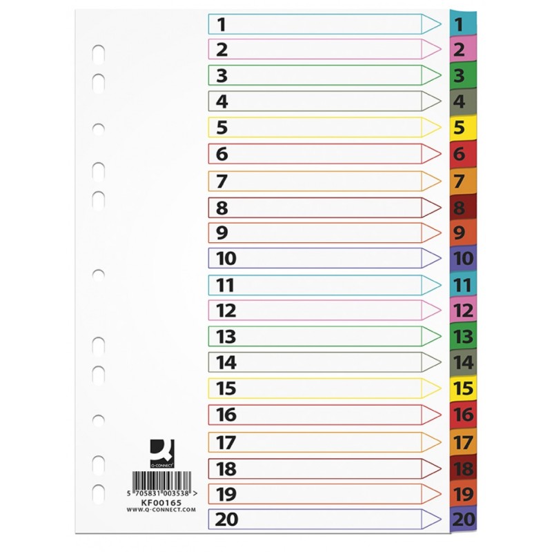 Przekładki Q-CONNECT Mylar, karton, A4, 225x297mm, 1-20, 20 kart, lam. indeks, mix kolorów