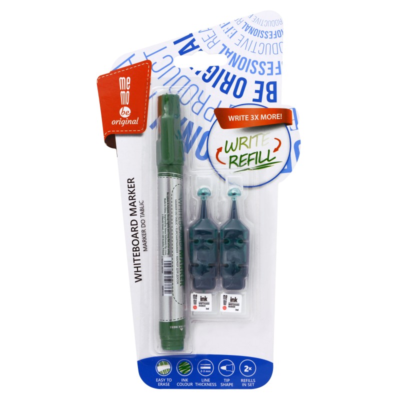 Marker do tablic suchocieralnych MEMOBE + 2 ampuki z zapasowym tuszem, okrga kocwka, kolor zielony                