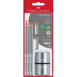 GRIP 2001 SET SREBRNY 3X OŁÓWEK + TEMPERÓWKA + 2 X GUMKA NAKŁADKA BLISTER FABER-CASTELL