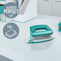 Dziurkacz Mini metalowy Leitz WOW, turkusowy, 10 lat gwarancji, 10 kartek