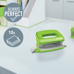 Dziurkacz Mini metalowy Leitz WOW, zielony, 10 lat gwarancji, 10 kartek