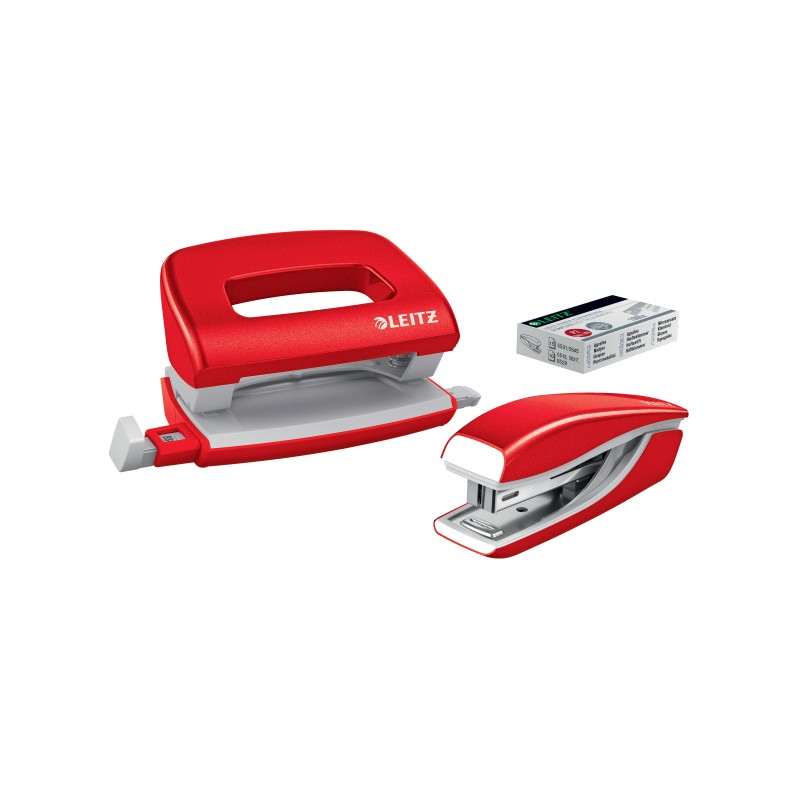 Zszywacz + dziurkacz metalowy Leitz Mini WOW, czerwony, 10 lat gwarancji, 10 kartek