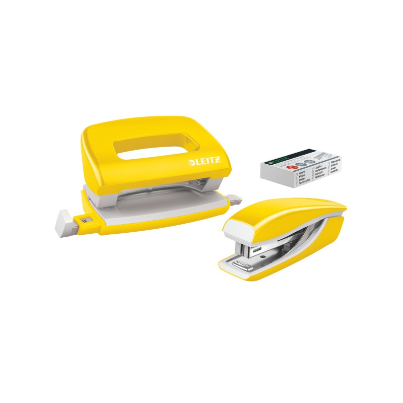 Zszywacz + dziurkacz metalowy Leitz Mini WOW, żółty, 10 lat gwarancji, 10 kartek