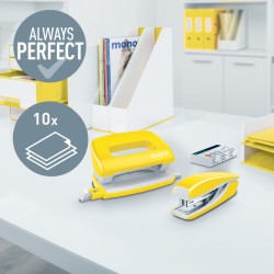 Zszywacz + dziurkacz metalowy Leitz Mini WOW, żółty, 10 lat gwarancji, 10 kartek