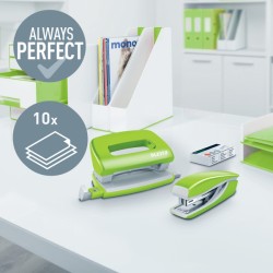 Zszywacz + dziurkacz metalowy Leitz Mini WOW, zielony, 10 lat gwarancji, 10 kartek