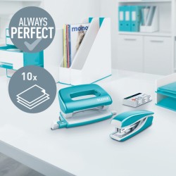 Zszywacz + dziurkacz metalowy Leitz Mini WOW, turkusowy, 10 lat gwarancji, 10 kartek