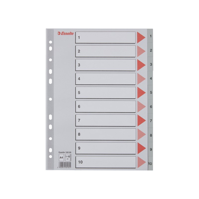 Przekładki plastikowe szare  PP numeryczne A4 Esselte, 1-10