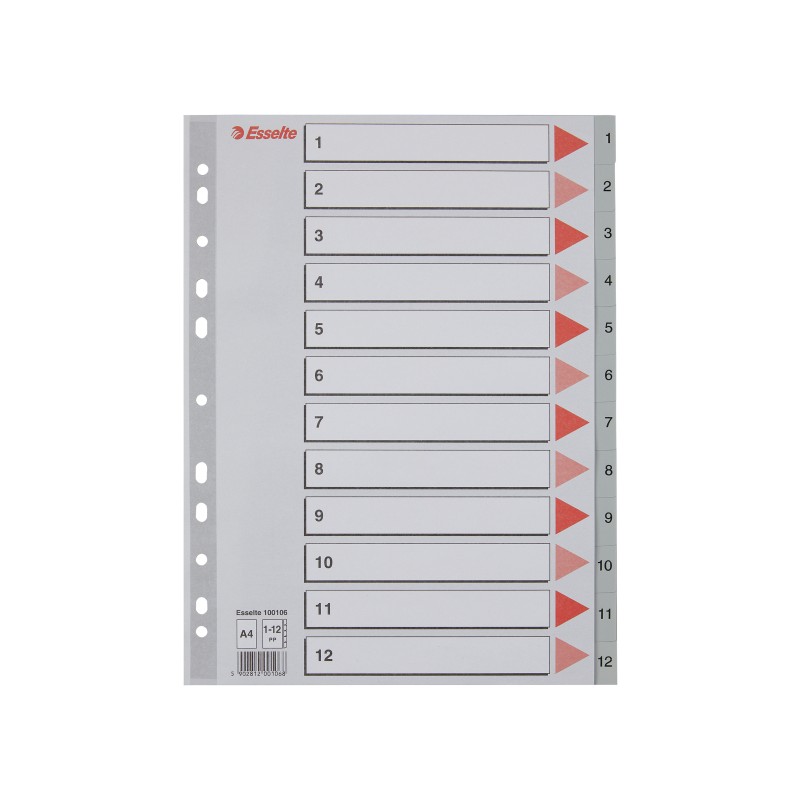 Przekładki plastikowe szare  PP numeryczne A4 Esselte, 1-12