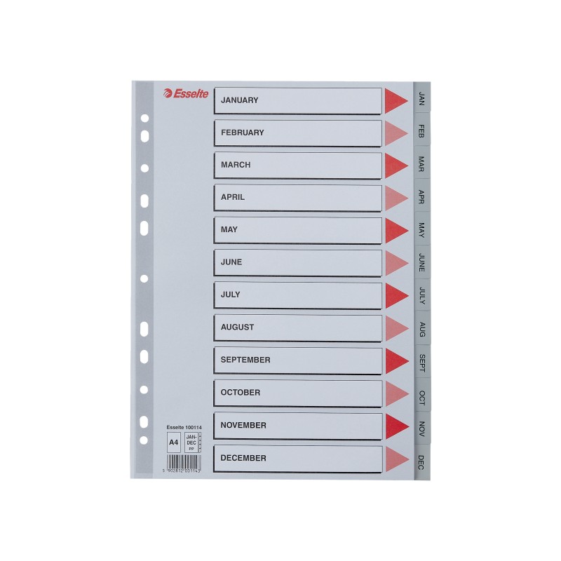 Przekładki plastikowe szare  PP numeryczne A4 Esselte, 12 miesięcy