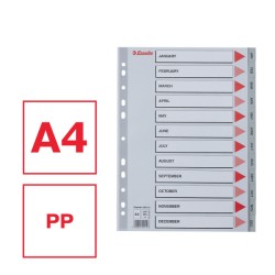 Przekładki plastikowe szare  PP numeryczne A4 Esselte, 12 miesięcy