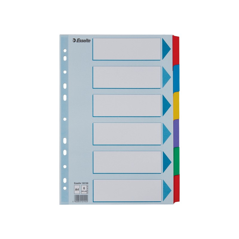 Przekładki, kolorowy karton, karta opisowa Mylar A4, Esselte, 6 kart