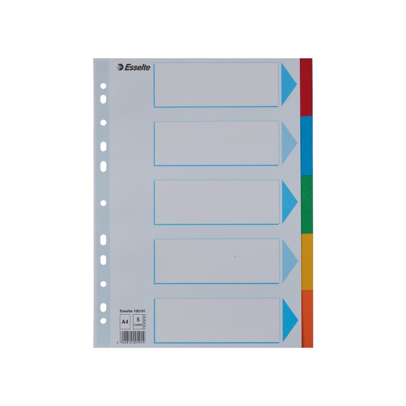 Przekładki, kolorowy karton z kartą opisową A4, Esselte, 5 kart