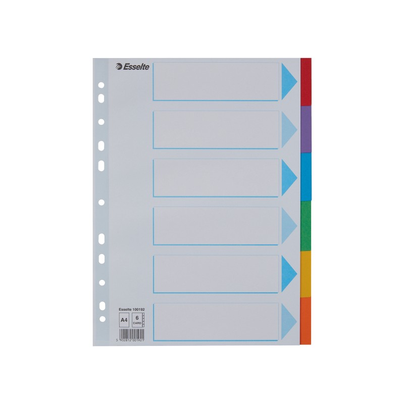 Przekładki, kolorowy karton z kartą opisową A4, Esselte, 6 kart