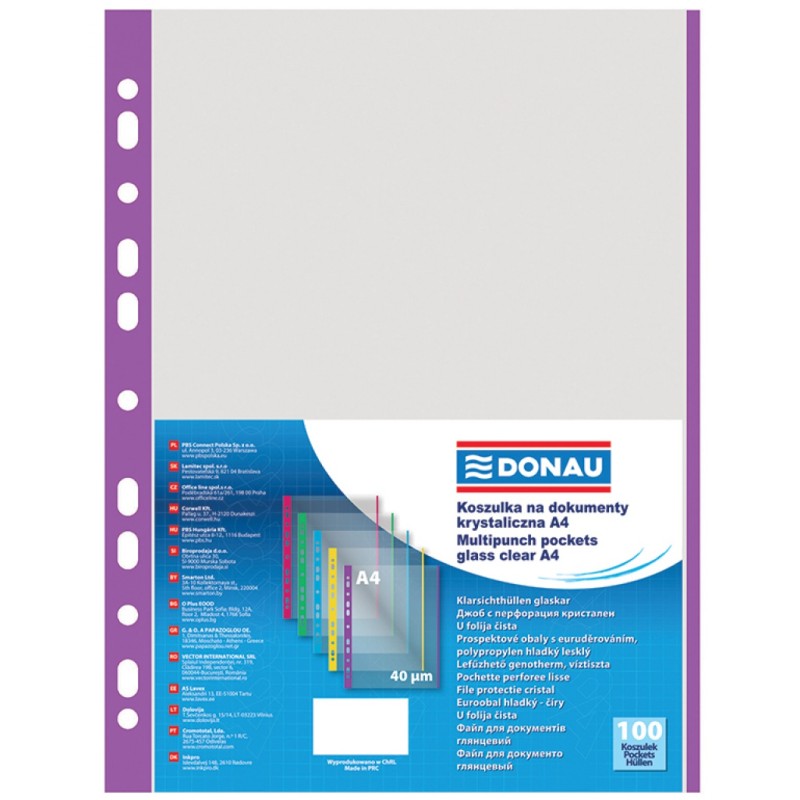 Koszulki na dokumenty DONAU, PP, A4, krystal, 40mikr., kolorowy brzeg - fioletowy, 100szt.