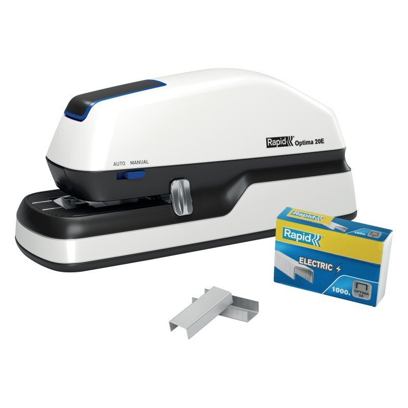 Zszywacz elektryczny Rapid Optima 20E, do 20 kartek,, na baterię lub zasilacz, biały