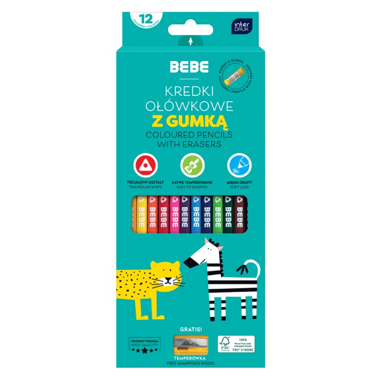 Kredki ołówkowe z gumką 12kol.BEBE Kids