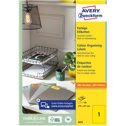 Trwałe etykiety kolorowe 210 x 297 mm, żółte etykiety papierowe, etykiety samoprzylepne 100 ark. / op., Avery 3473