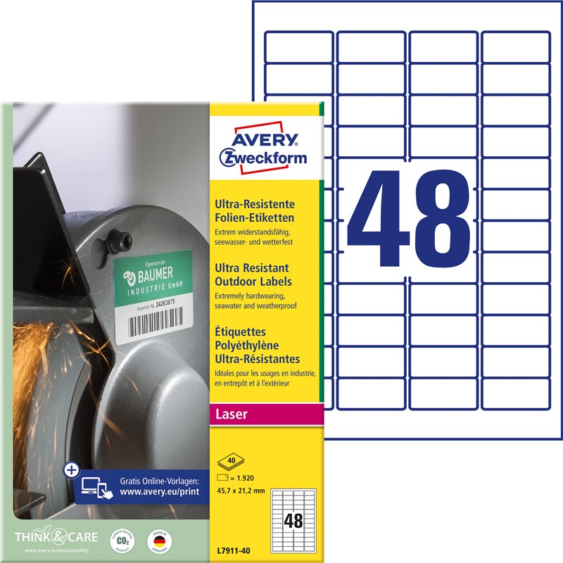 Etykiety foliowe 45,7 x 21,2 mm, białe etykiety wodoodporne z trwałym klejem, wytrzymałe etykiety przemysłowe 40 ark. / op.,