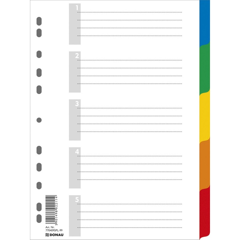 Przekładki DONAU, PP, A4, 225x297mm, 5+1 kart, mix kolorów