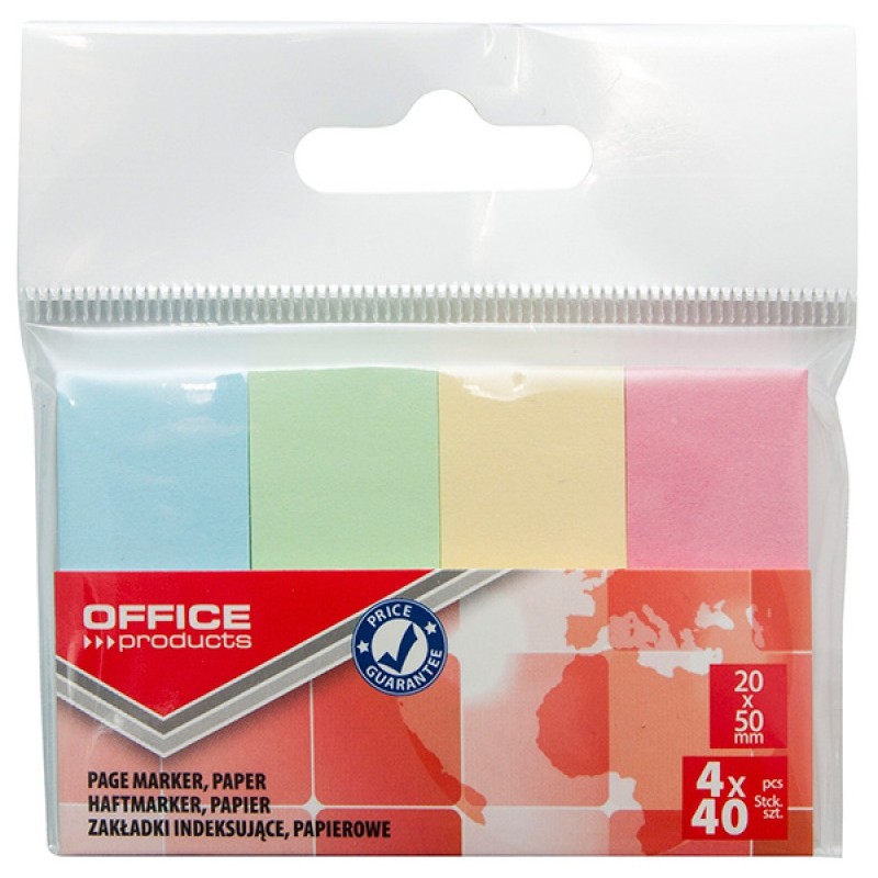 Zakładki indeksujące OFFICE PRODUCTS, papier, 20x50mm, 4x40 kart., zawieszka, mix kolorów pastel