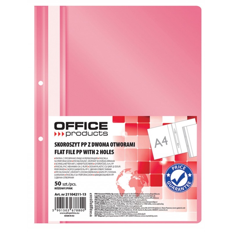 Skoroszyt OFFICE PRODUCTS, PP, A4, 2 otwory, 100/170mikr., wpinany, różowy