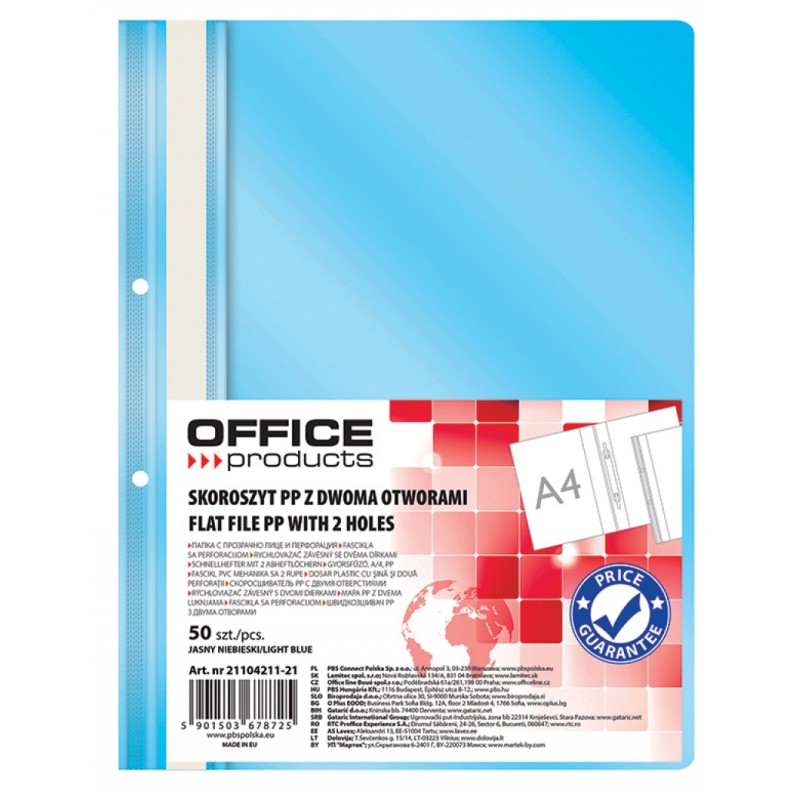 Skoroszyt OFFICE PRODUCTS, PP, A4, 2 otwory, 100/170mikr., wpinany, jasnoniebieski