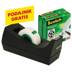 Taśma biurowa SCOTCH® Magic™ (SM3-12), matowa, z dyspenserem, 19mm, 33m, 3szt., podajnik C-38 czarny GRATIS